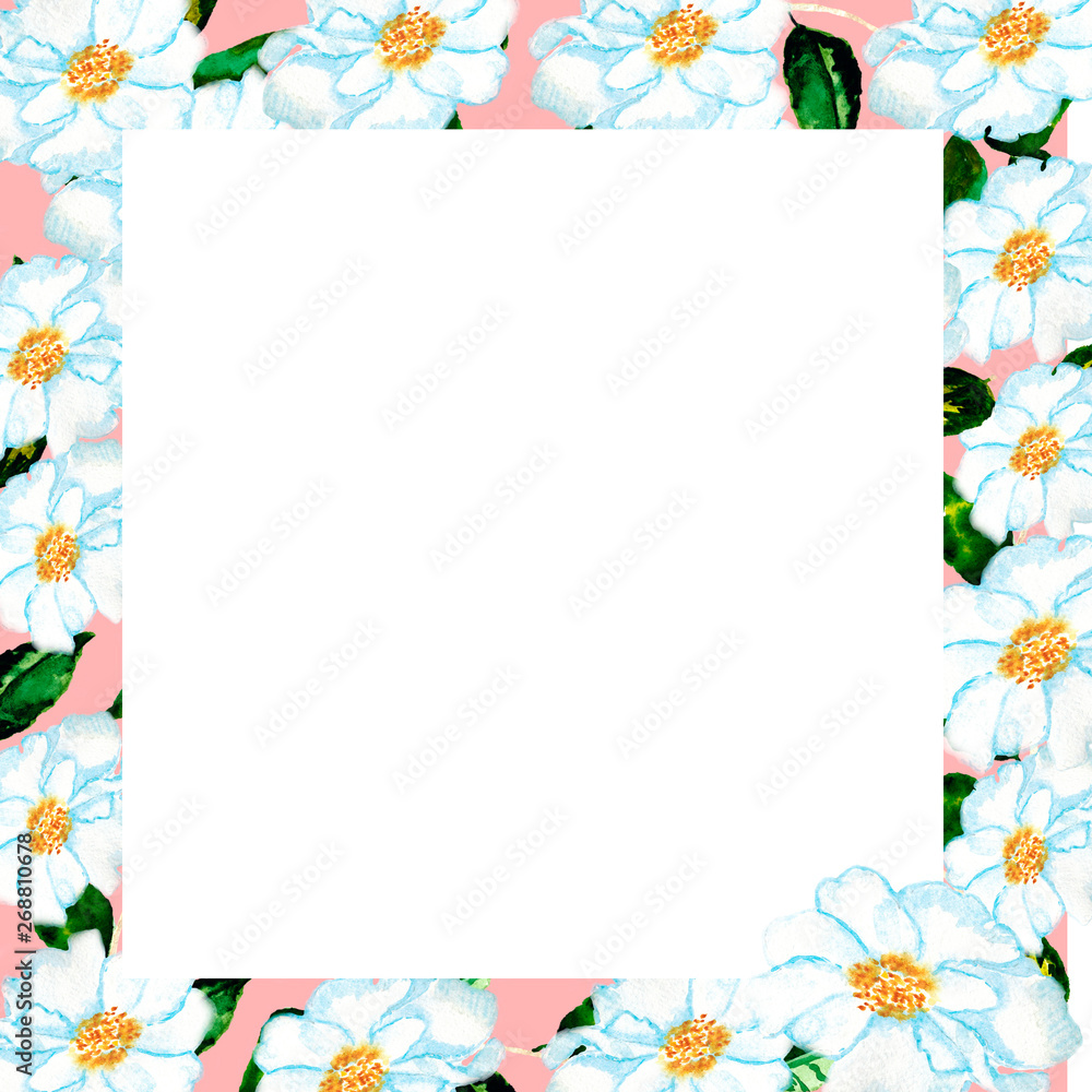 Retro postcard with floral frame (white flowers). Vintage watercolour