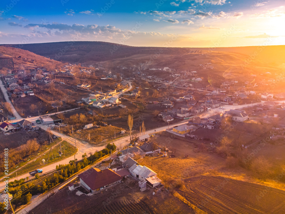 Beautiful sunset village,  Aerial view, Moldova 2019