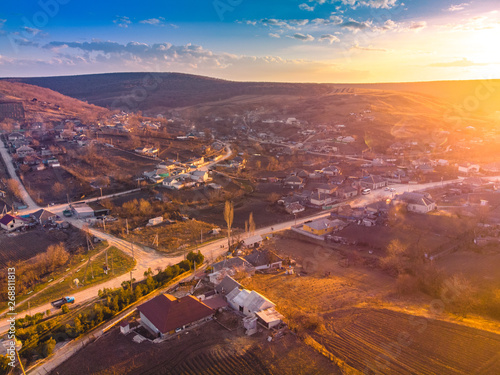 Beautiful sunset village   Aerial view  Moldova 2019