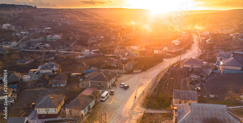 Beautiful sunset village, Aerial view, Moldova 2019