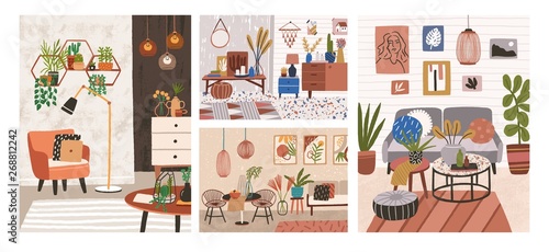 Collection of interiors with stylish comfy furniture and home decorations. Bundle of cozy living rooms or apartments furnished in trendy Scandinavian hygge style. Flat colorful vector illustration.