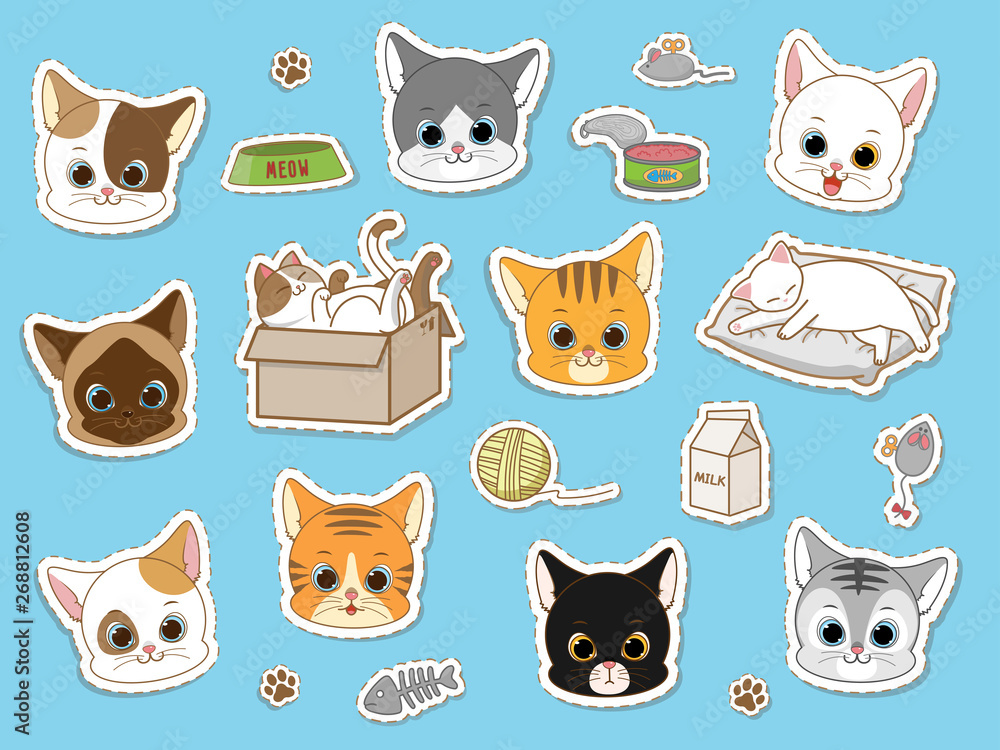 Obraz premium Cute cat sticker collection set, cartoon doodles vector illustration