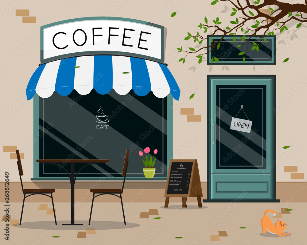 Modern cafe shop exterior, street cafe outdoor terrace flat design, vector illustration Stock