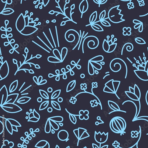 Natural seamless pattern with summer flowers and berries drawn with contour l...