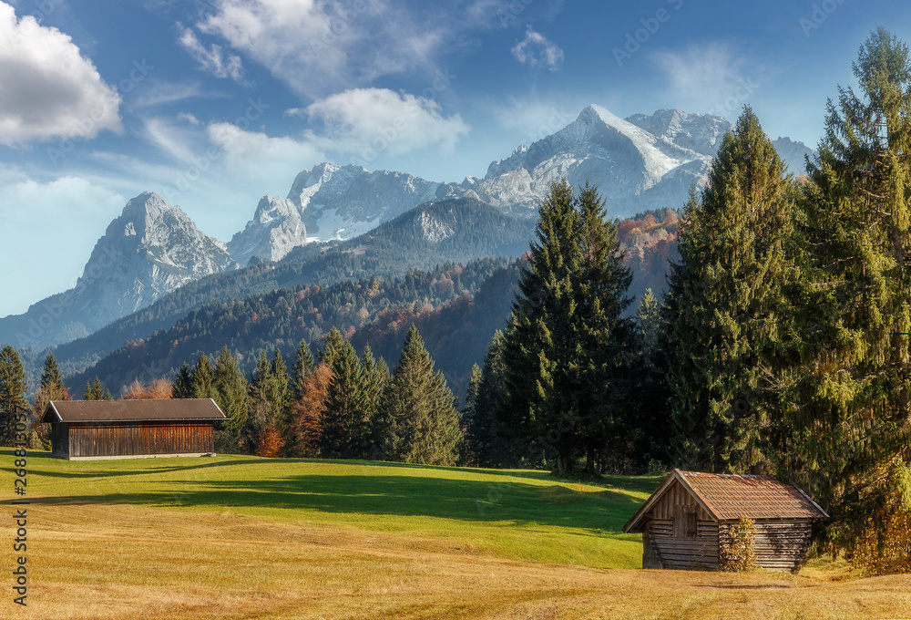 Wonderful Summer Landscape in Bavarian Alps with perfect sky. Awesome Alpine Highlands in Autumn in Sunny day . Amazing Nature Scene With Alpine valley and Zugspitze mountain on Background Wonderful Summer Landscape in Bavarian Alps with perfect sky. Awesome Alpine Highlands in Autumn in Sunny day . Amazing Nature Scene With Alpine valley and Zugspitze mountain on Background
