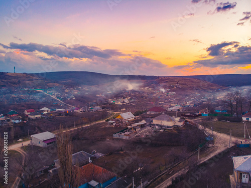 Beautiful sunset village, Aerial view, Moldova 2019 © pelinoleg