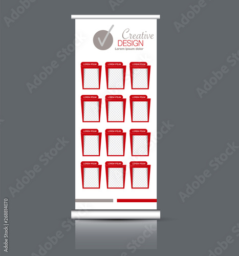 Roll up banner stand template. Abstract background for design, business, education, advertisement. Vector illustration. Red color.