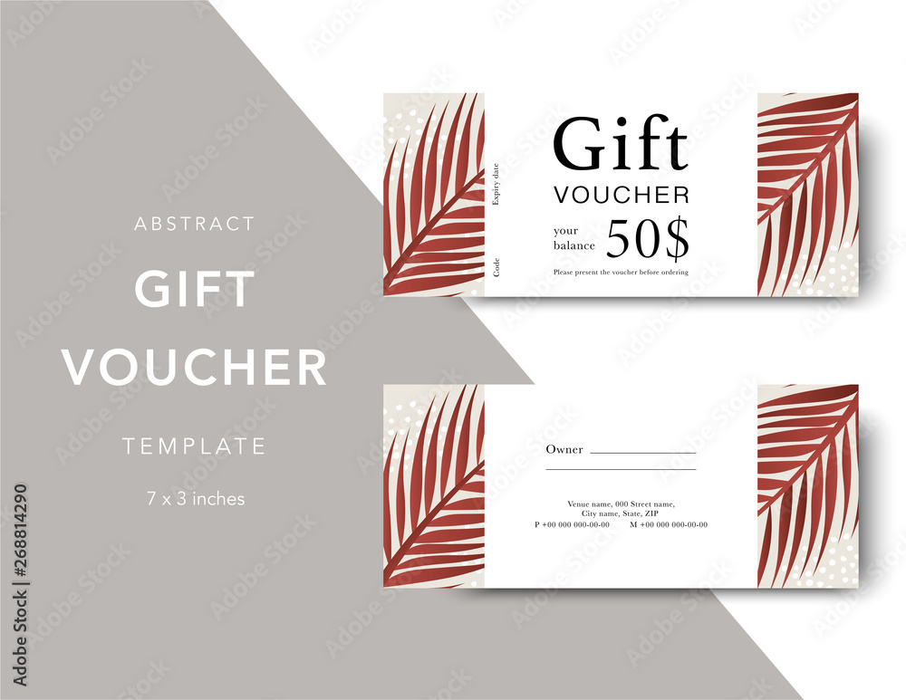 Gift voucher card template. Modern discount coupon for shopping with abstract and floral pattern. Modern fashion background design with information sample text. Coupon template for gift and shopping.