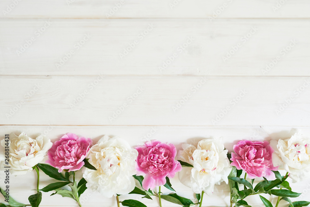 packaging template, layout of peonies on wooden white background packaging template, layout of peonies on wooden white background