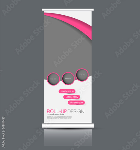 Roll up banner stand template. Abstract background for design,  business, education, advertisement. Vector  illustration. Pink color.