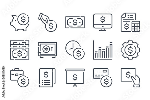 Money and payment related line icons. Finance and banking vector linear icon set.