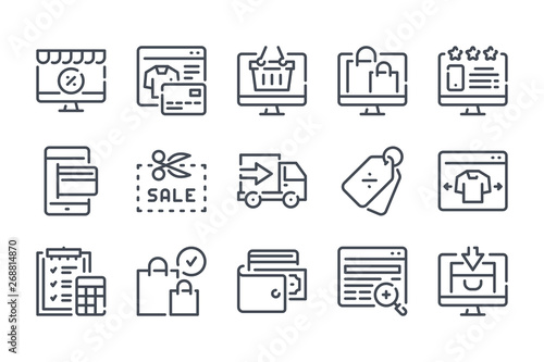 Online shopping and E-commerce related line icons. Shop and retail vector linear icon set.