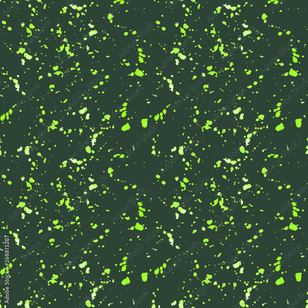 Seamless pattern of abstract watercolor green drops on a dark green background