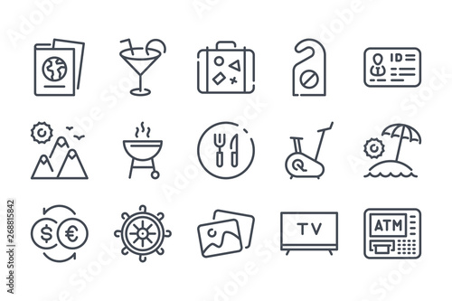 Hotel services related line icons. Travel vector linear icon set.