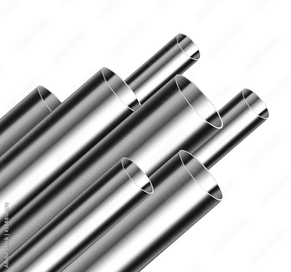 Steel or aluminum pipes of different diameters isolated on white background. Glossy 3d Steel Tubes design. Industrial, steel piplines production concept vector. Steel or aluminum pipes of different diameters isolated on white background. Glossy 3d Steel Tubes design. Industrial, steel piplines production concept vector.