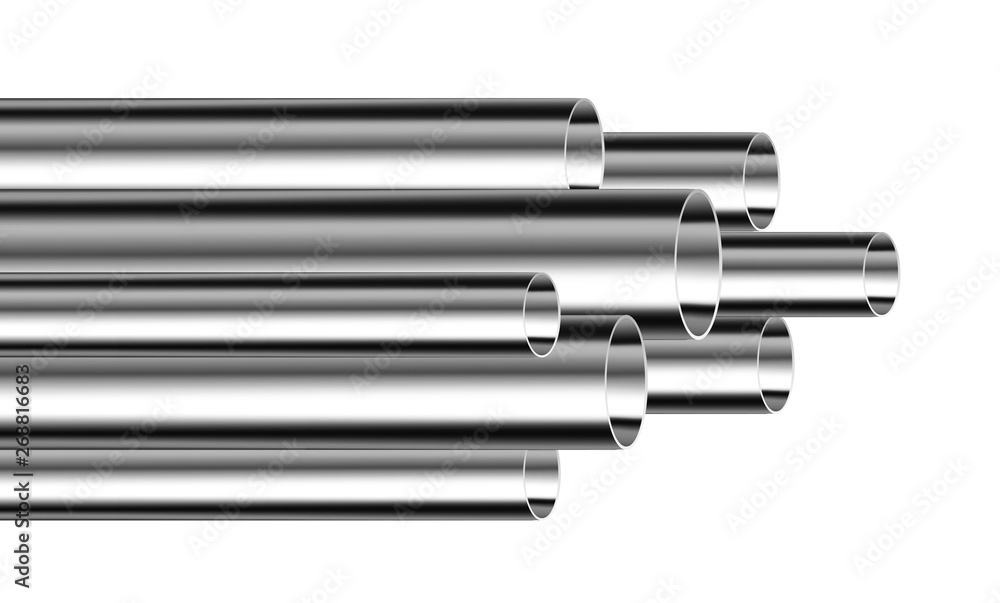 Steel or aluminum pipes of different diameters isolated on white background. Glossy 3d Steel Tubes design. Industrial, steel piplines production concept vector. Steel or aluminum pipes of different diameters isolated on white background. Glossy 3d Steel Tubes design. Industrial, steel piplines production concept vector.