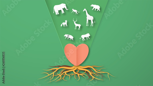 Wildlife animals with manipulation concept. Minimalism deign in paper cut and craft style. Art digitalcraft for world environment day.