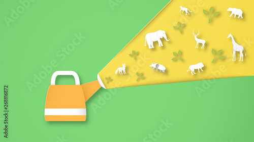 Wildlife animals with manipulation concept. Minimalism deign in paper cut and craft style. Art digitalcraft for world environment day.