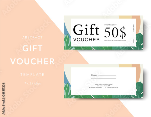 Gift voucher card template. Modern discount coupon for shopping with abstract and floral pattern. Modern fashion background design with information sample text. Coupon template for gift and shopping.