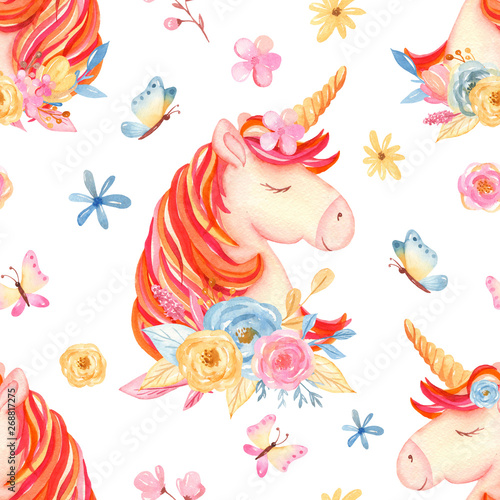 Watercolor seamless pattern with cute cartoon romantic unicorn and flowers. Texture for wedding design  wallpaper  scrapbooking  prints  apparel  fabrics  textiles.