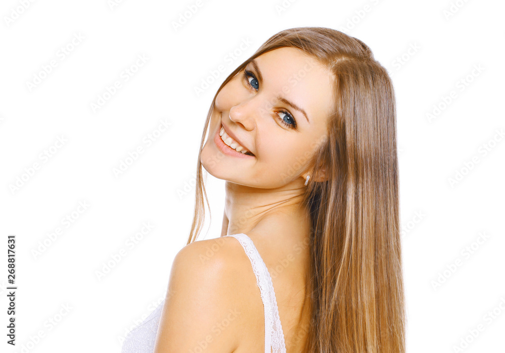 Portrait close-up beautiful young smiling woman with long hair and cute smile on white background Portrait close-up beautiful young smiling woman with long hair and cute smile on white background