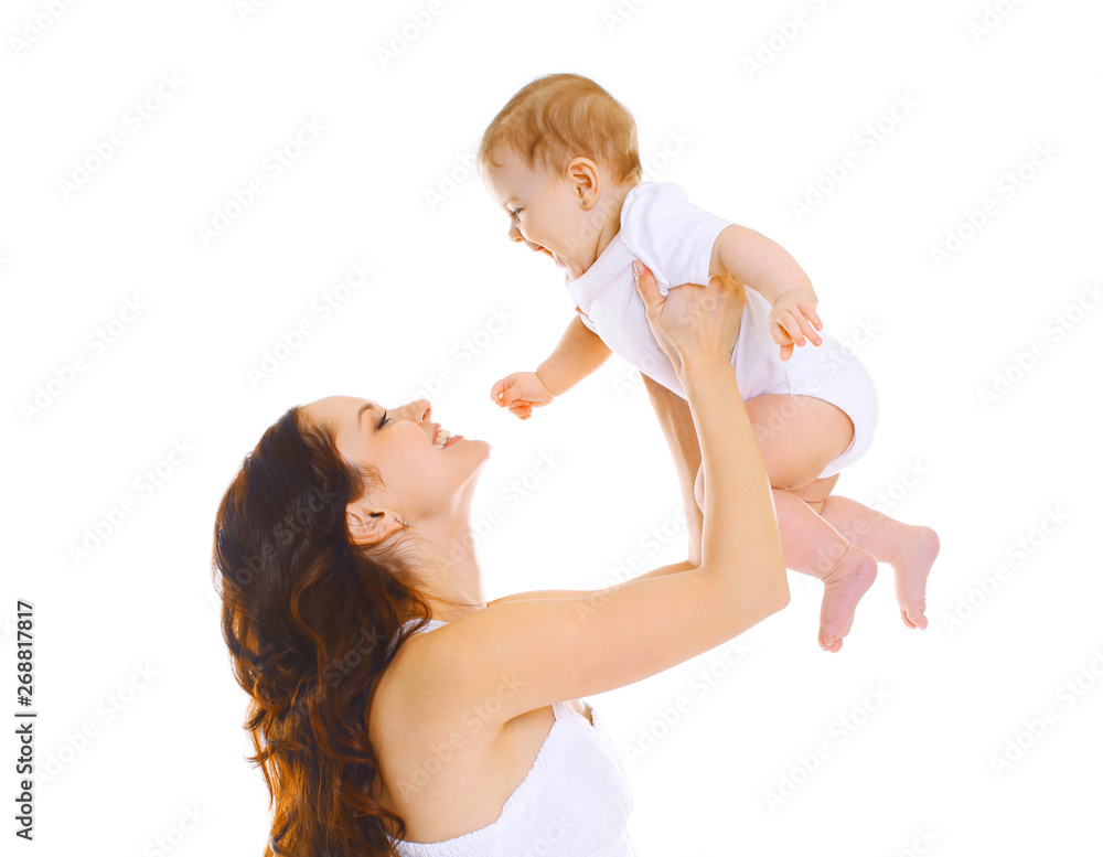 Happy smiling mother and baby having fun together isolated on white background Happy smiling mother and baby having fun together isolated on white background
