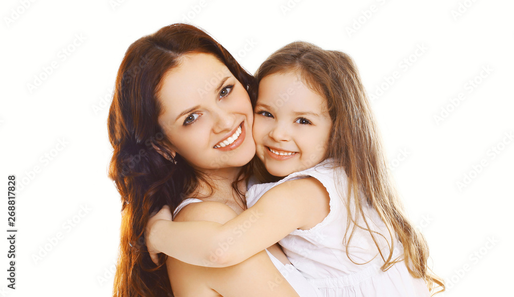 Portrait close-up happy smiling mother with her little child daughter isolated on white background Portrait close-up happy smiling mother with her little child daughter isolated on white background