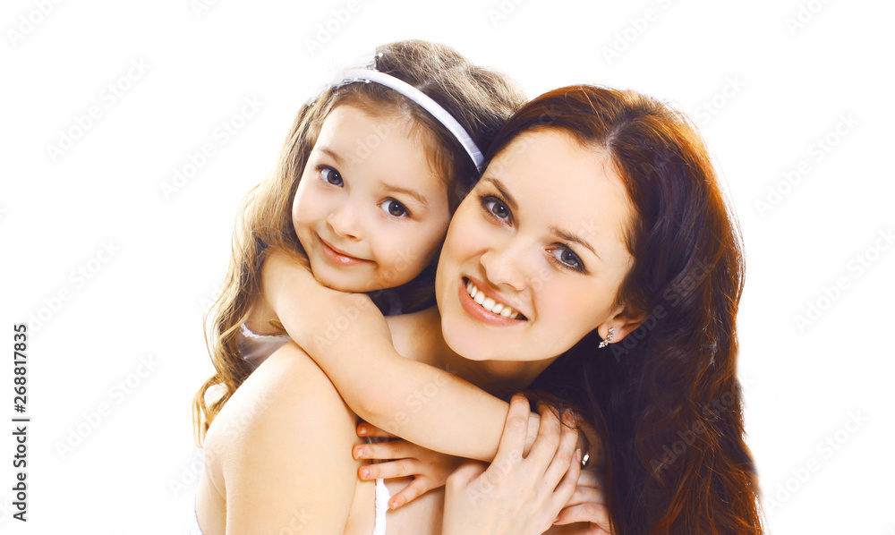 Portrait close-up happy smiling mother with her little child daughter isolated on white background Portrait close-up happy smiling mother with her little child daughter isolated on white background