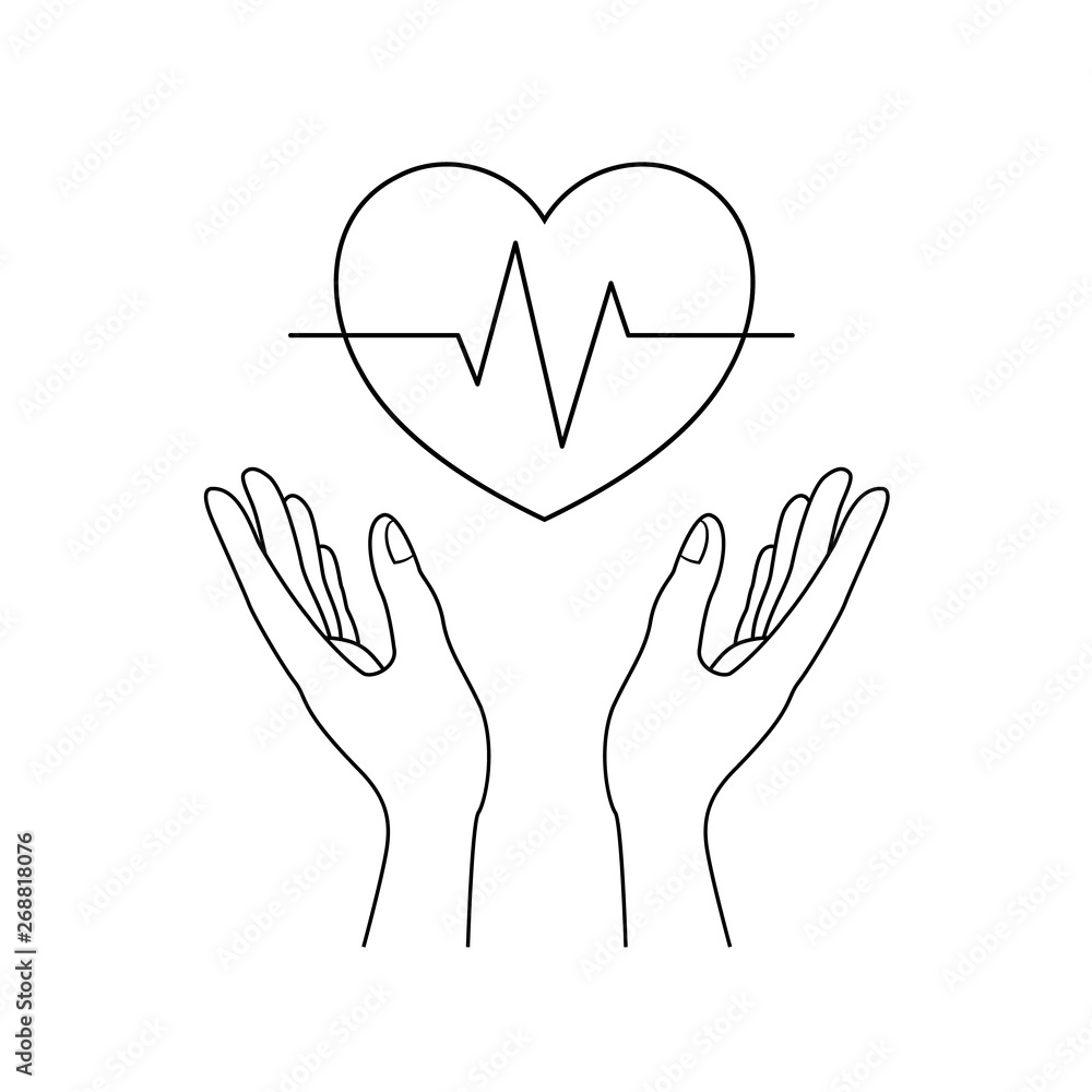 Human hands holding outline heart shape with ecg line. Health care and charity concept. Vector illustration isolated on white background. Human hands holding outline heart shape with ecg line. Health care and charity concept. Vector illustration isolated on white background.