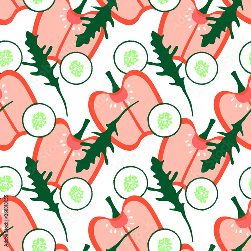 Seamless pattern with summer vegetables - cupsicum, cucumber, ruccola.