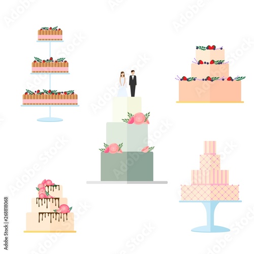 Set ofWedding cakes with floral decoration isolated on a white background.