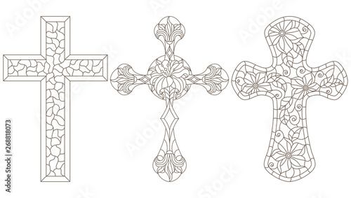 The illustrations in the stained glass style with a contoured Christian crosses,dark outlines on white background