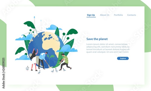 Landing page template with group of people of ecologists taking care of Earth and nature. Save The Planet. Environmental protection, use of eco friendly technology. Flat colorful vector illustration.