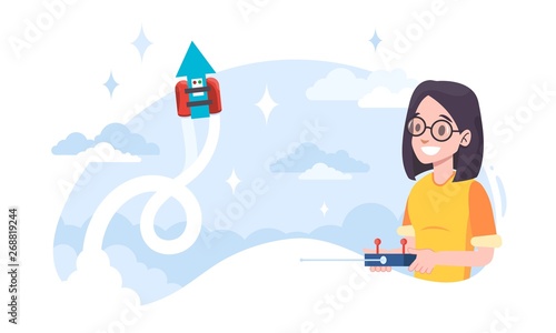 Young female wearing glasses tests innovative flying jetpack with radio control in heands. Developer running invention experimental model try out. Startup business. Women in tech and space science.