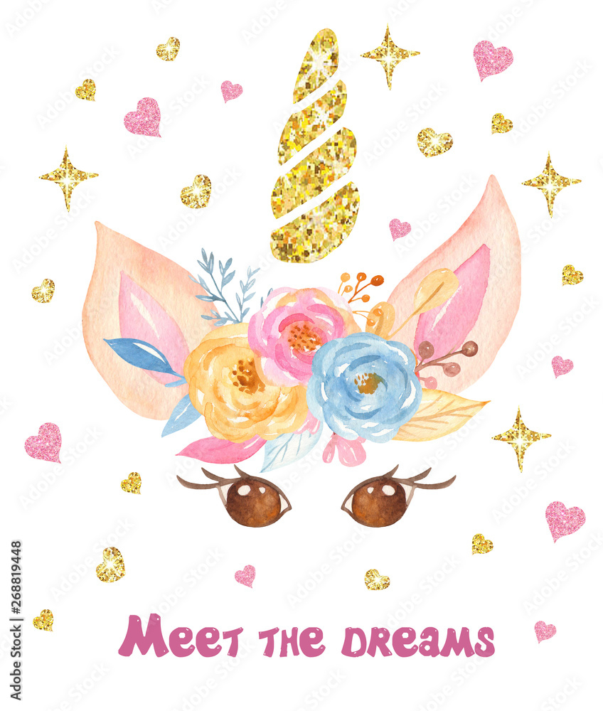 Watercolor romantic cute cartoon unicorn. Romantic Unicorn collection. Illustration for baby shower, posters, cards, invitations, weddings, greeting cards.