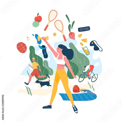 People performing sports activities or exercise and wholesome food. Concept of healthy habits  active lifestyle  fitness training  dietary nutrition  outdoor workout. Modern flat vector illustration.