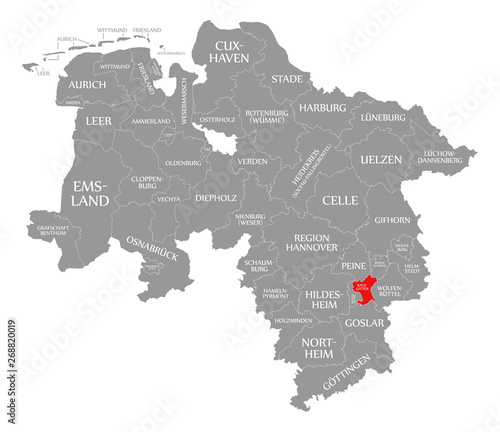 Salzgitter county red highlighted in map of Lower Saxony Germany