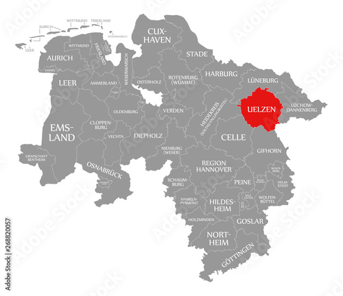 Uelzen county red highlighted in map of Lower Saxony Germany