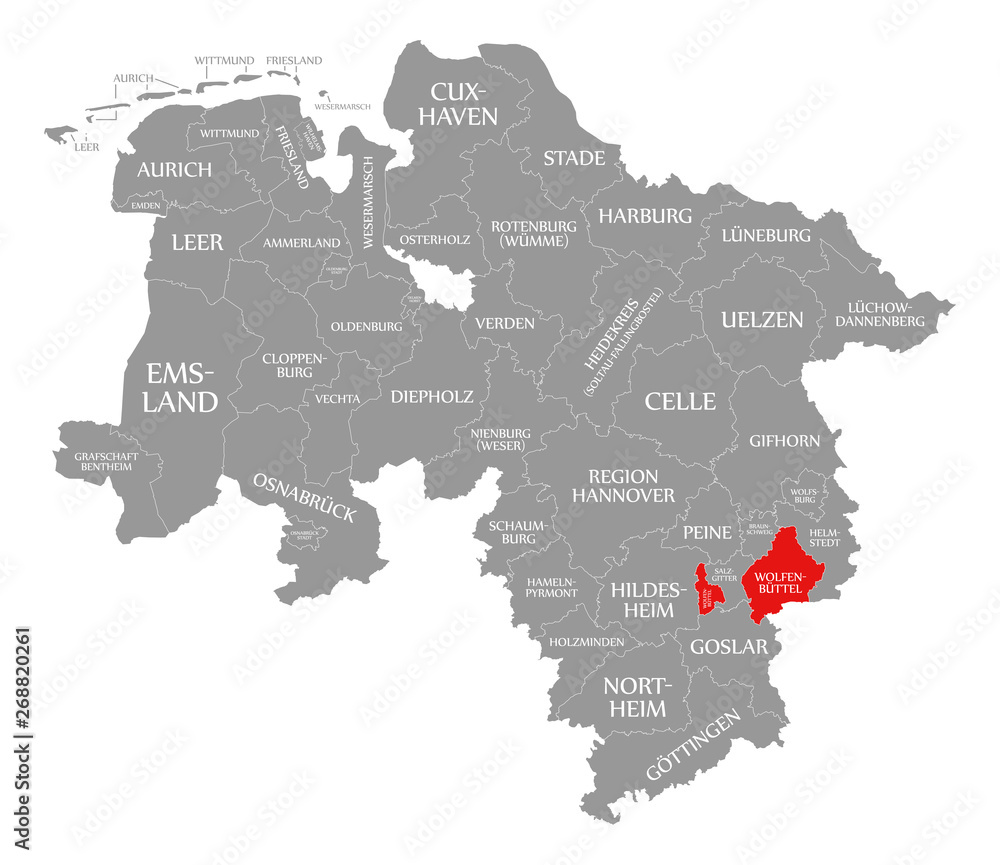 Wolfenbuettel county red highlighted in map of Lower Saxony Germany