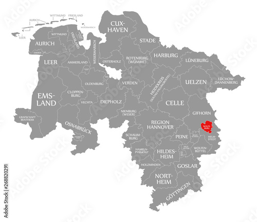 Wolfsburg county red highlighted in map of Lower Saxony Germany