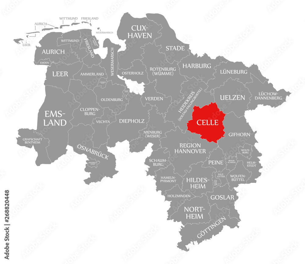 Celle county red highlighted in map of Lower Saxony Germany