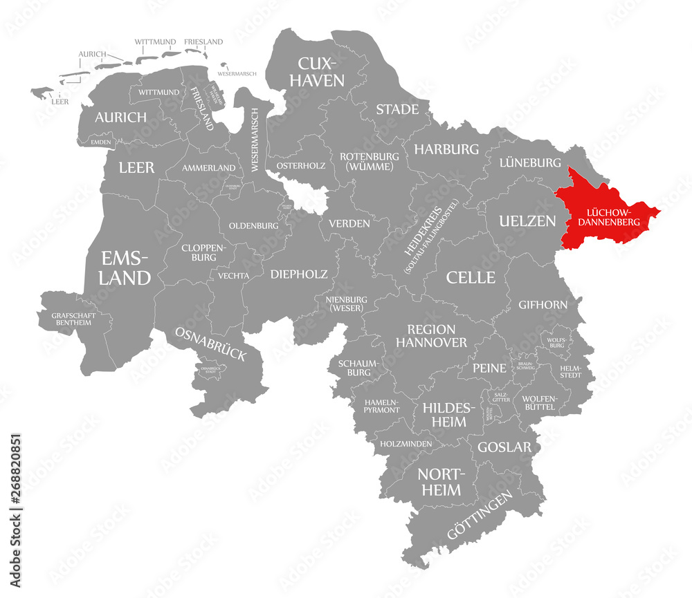 Fototapeta premium Luechow-Dannenberg county red highlighted in map of Lower Saxony Germany