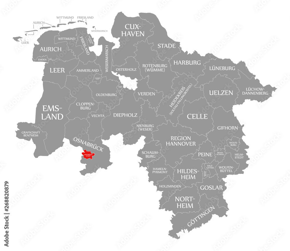 Obraz premium Osnabrueck city county red highlighted in map of Lower Saxony Germany