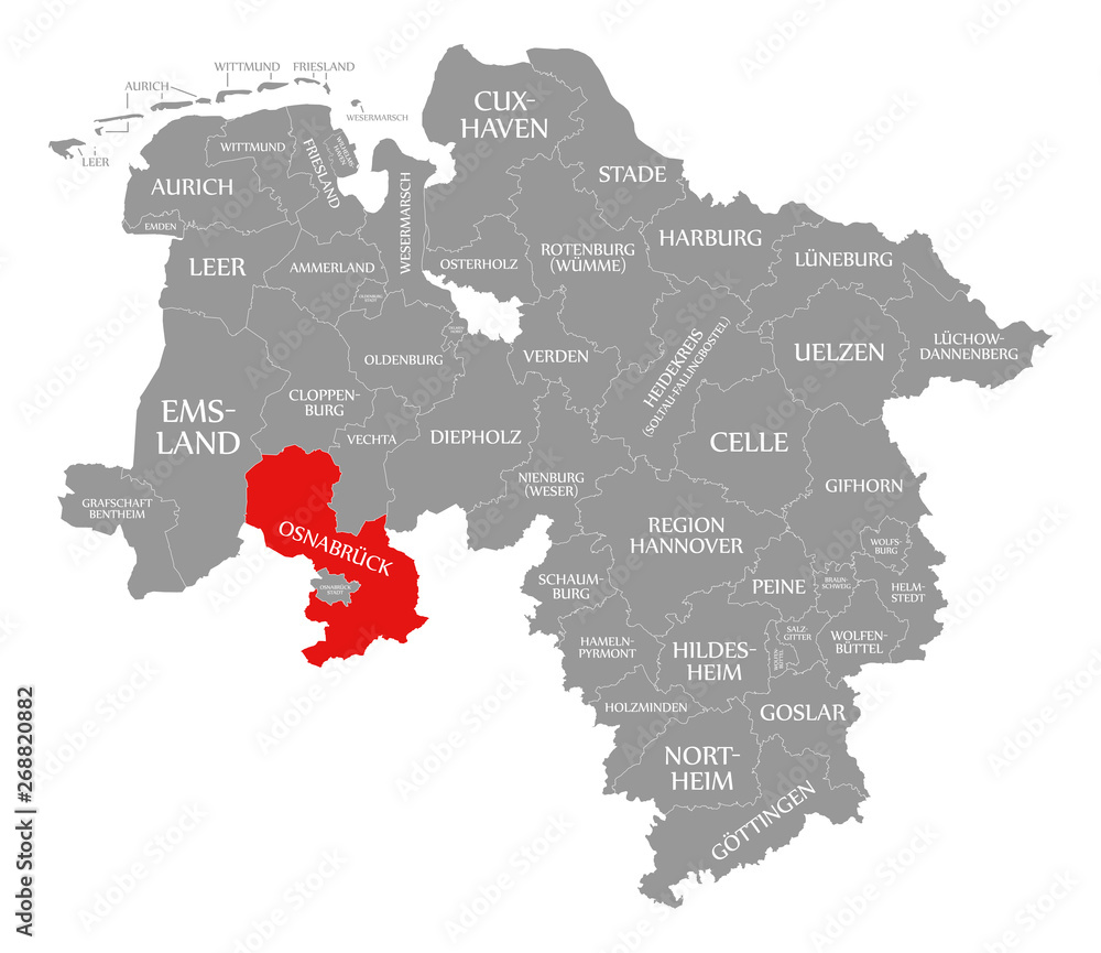Osnabrueck county red highlighted in map of Lower Saxony Germany