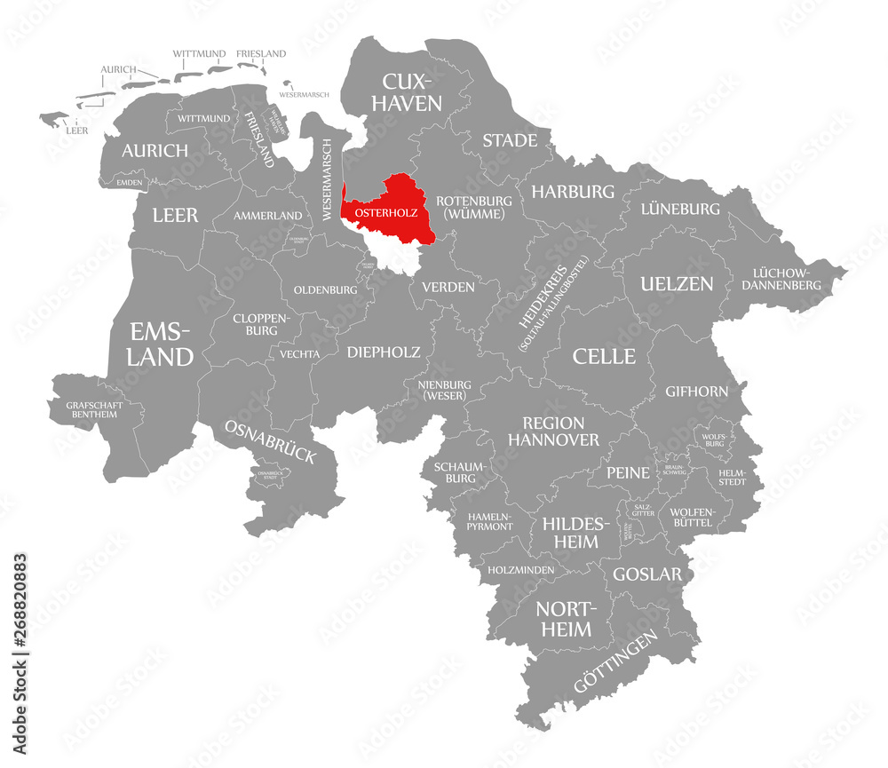 Fototapeta premium Osterholz county red highlighted in map of Lower Saxony Germany