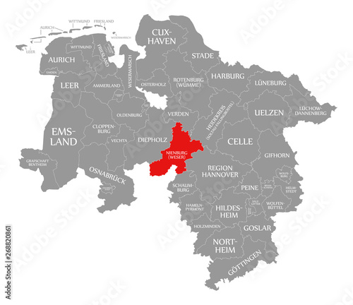 Nienburg county red highlighted in map of Lower Saxony Germany photo