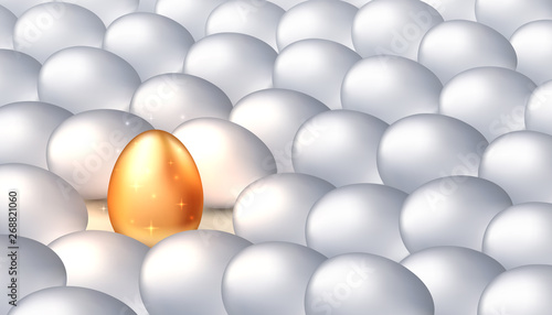 Unique golden egg among ordinary white eggs  the concept of exclusivity  success. Bright individuality  successful personality. Vector illustration