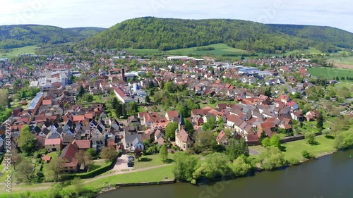 Aerial view, flight along Großheubach with castle Löwenstein, Miltenberg am Main, Lower Franconia, Bavaria, Germany
