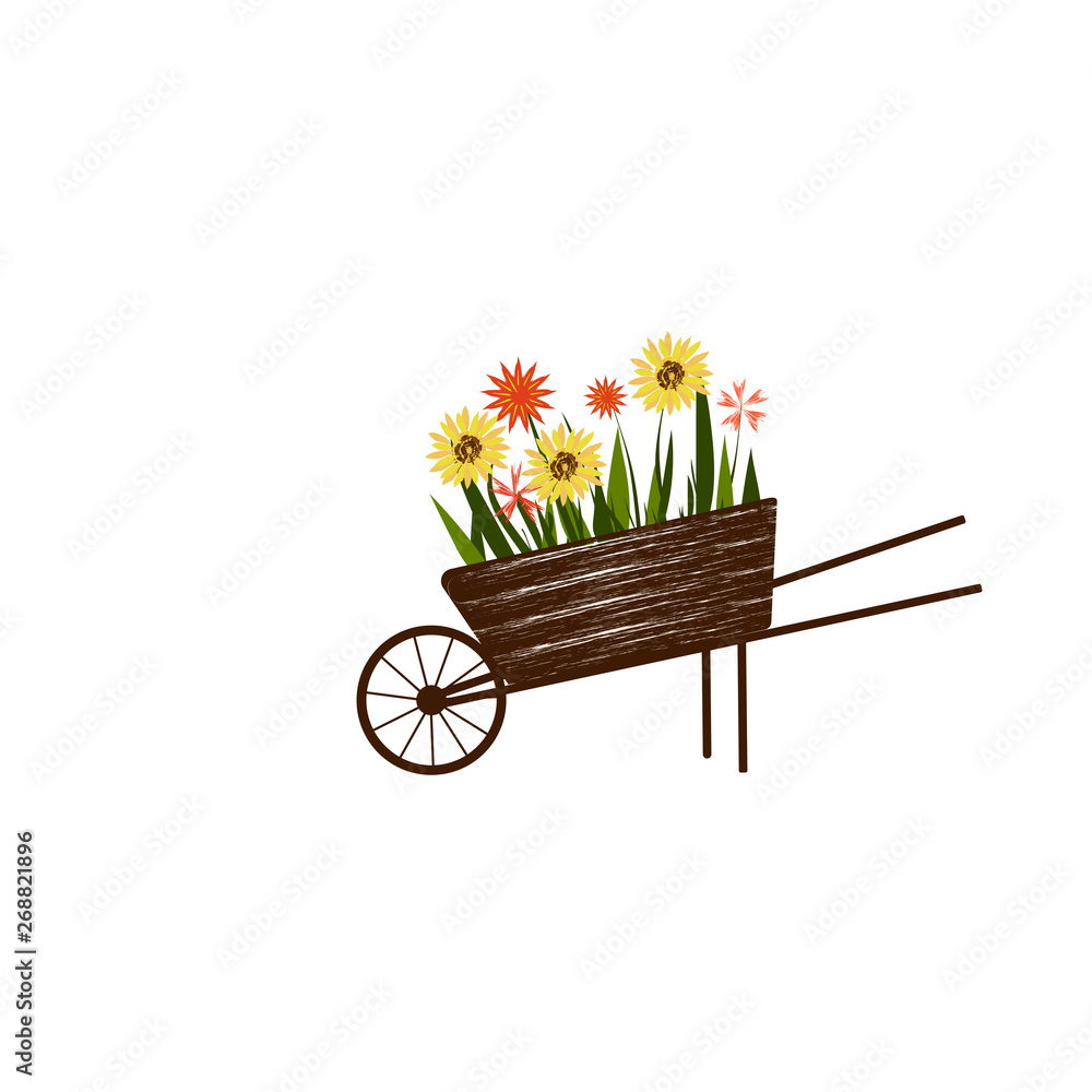  wooden cart with flowers on a white background