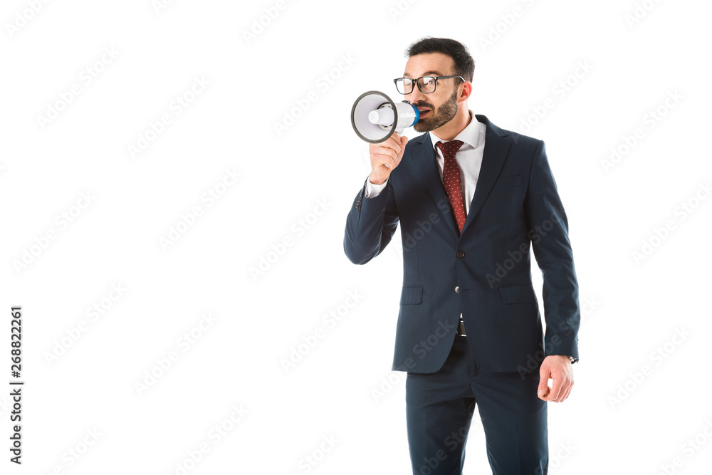 smiling handsome businessman talking in megaphone and looking away isolated on white smiling handsome businessman talking in megaphone and looking away isolated on white